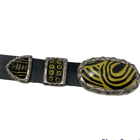 Chico's black leather belt metal tribal buckle size medium - Picture 7 of 8